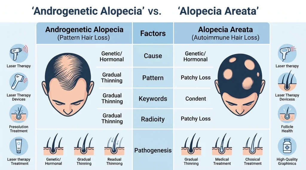 Infographic comparing Androgenetic Alopecia (pattern hair loss with gradual thinning and genetic/hormonal causes) and Alopecia Areata (autoimmune hair loss with patchy loss).