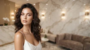 A 22-year-old woman with flawless glass skin, voluminous waves, and a white silk dress showcasing radiant prejuvenation results at Enfield Royal Clinic New Jersey.