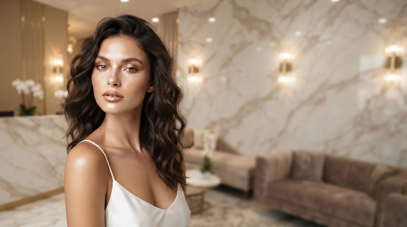 A 22-year-old woman with flawless glass skin, voluminous waves, and a white silk dress showcasing radiant prejuvenation results at Enfield Royal Clinic New Jersey.