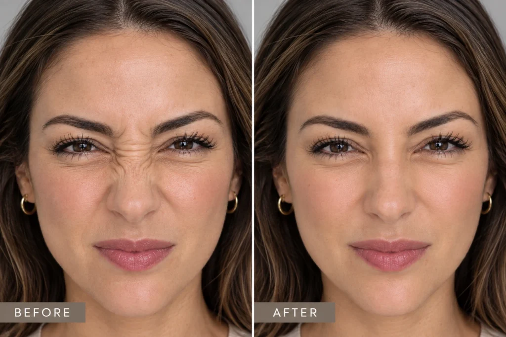 Botox for bunny lines before and after treatment showing smoother skin around the nose at Enfield Royal Clinic Branchburg, NJ, serving Bridgewater.