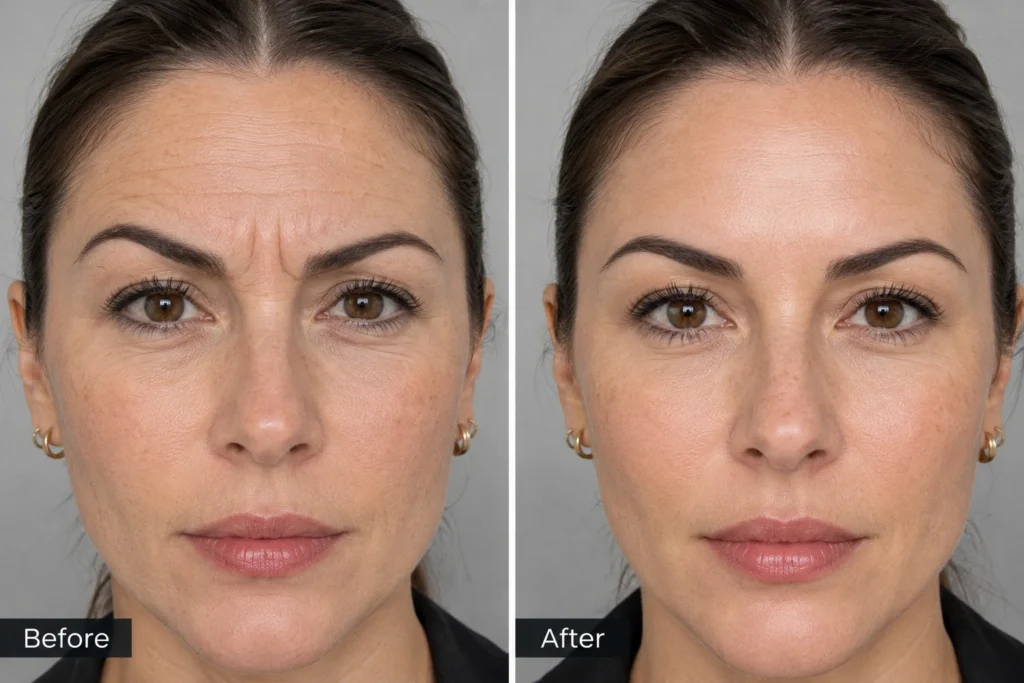 Botox for frown lines before and after treatment showing a smoother forehead and reduced lines at Enfield Royal Clinic Branchburg, NJ, serving Bridgewater.