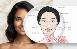 A split image showing a smiling woman on the left and a cosmetic consultation diagram on the right. The diagram, inside a magnifying glass, illustrates facial injection points for a Forehead Lift, Eyebrow Lift, Glabellar Lines, Crow's Feet, Bunny Lines, Square Jaw, Dimpled Chin, and Smile Lift by Enfield Royal Clinic New Jersey.
