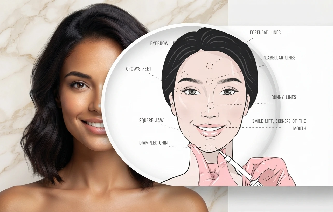 A split image showing a smiling woman on the left and a cosmetic consultation diagram on the right. The diagram, inside a magnifying glass, illustrates facial injection points for a Forehead Lift, Eyebrow Lift, Glabellar Lines, Crow's Feet, Bunny Lines, Square Jaw, Dimpled Chin, and Smile Lift by Enfield Royal Clinic New Jersey.