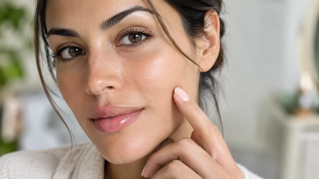 Woman touching cheek after dermal filler treatment in Branchburg NJ serving Bridgewater