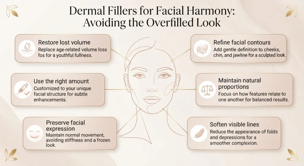 An elegant educational infographic detailing dermal fillers for facial harmony without an overfilled look at Enfield Royal Clinic New Jersey.