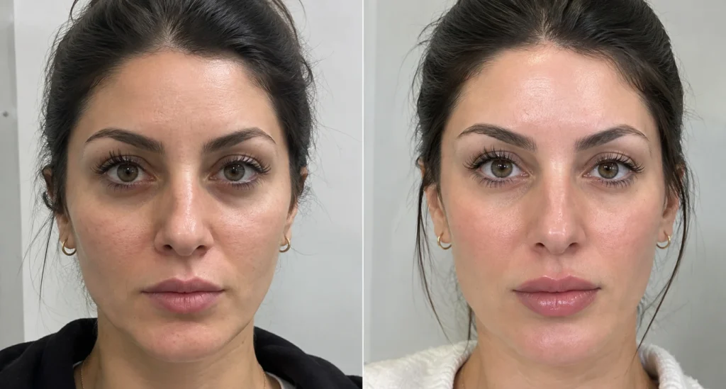 Before and after results of under-eye hollow dermal fillers at Enfield Royal Clinic in Branchburg, NJ, showing natural correction of tear troughs for patients from Bridgewater.