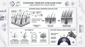 Infographic for Enfield Royal Clinic in New Jersey explaining exosome therapy for hair loss, including how exosome signals target hair follicles, potential benefits, and the minimally invasive scalp injection process.