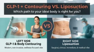 Split-screen comparison of GLP-1 weight loss and body contouring versus surgical liposuction at Enfield Royal Clinic New Jersey.