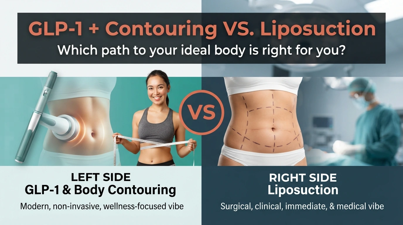 Split-screen comparison of GLP-1 weight loss and body contouring versus surgical liposuction at Enfield Royal Clinic New Jersey.