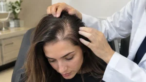 Woman with scalp thinning receiving an alopecia hair loss examination from a specialist in a clinic.