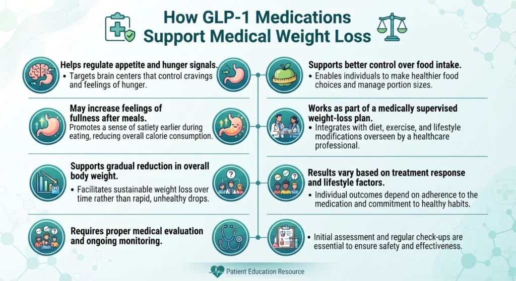 Medical infographic by Enfield Royal Clinic New Jersey illustrating how GLP-1 medications support medical weight loss, regulate appetite, control food intake, and promote gradual weight reduction under professional supervision.