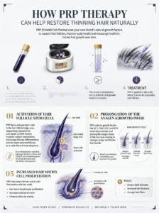 PRP hair restoration therapy process showing blood separation, platelet-rich plasma preparation, scalp treatment, and five ways PRP supports hair growth at Enfield Royal Clinic in Branchburg NJ.
