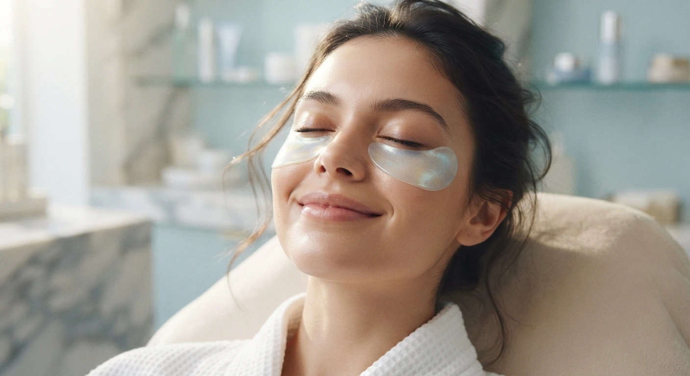 A relaxed woman wearing cooling hydrogel eye patches during a rejuvenating under-eye treatment at Enfield Royal Clinic New Jersey.