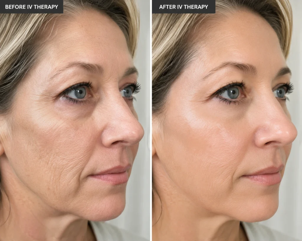 IV therapy before and after showing a woman with a refreshed, more radiant-looking complexion in Branchburg, NJ
