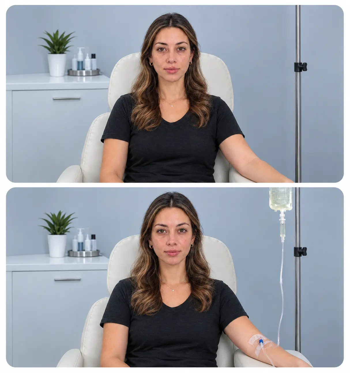 The image Before and After IV Clinic Portrait.webp compares a patient's initial appearance with her revitalized, glowing complexion during an IV wellness therapy session at Enfield Royal Clinic