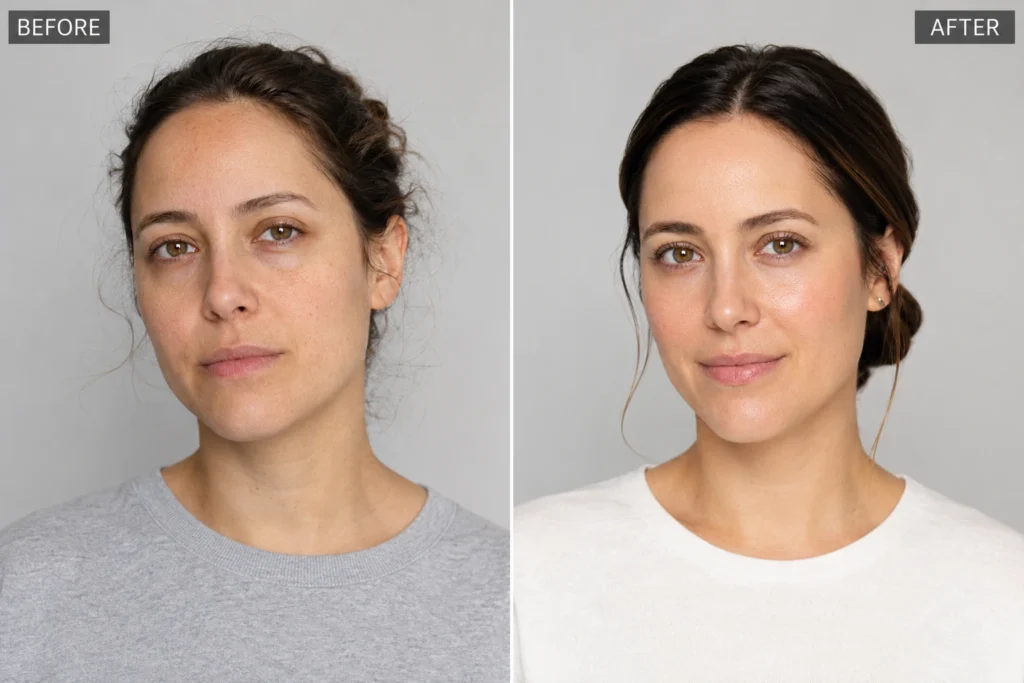 Before and after comparison of a woman's skin showing a brighter, more hydrated complexion after IV therapy treatment at our Branchburg, NJ clinic