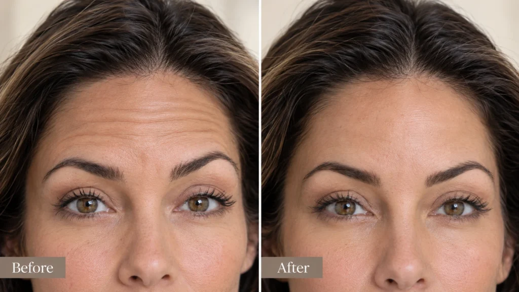 Before and after injectable treatment showing reduced forehead lines and a smoother, more refreshed appearance in an adult woman