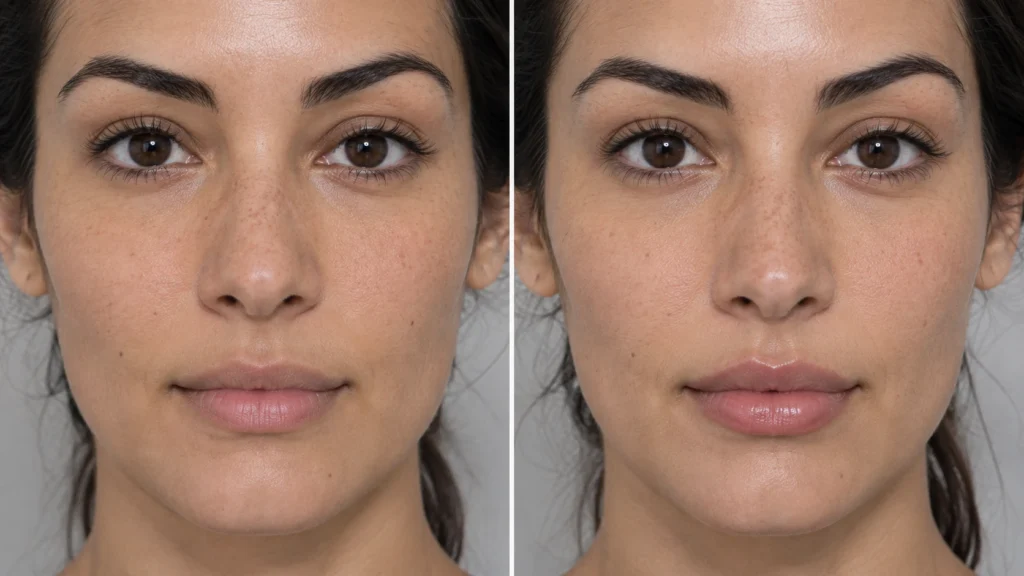 Before and after comparison of a woman showing natural-looking lip filler results at Enfield Royal Clinic near Somerville, NJ.