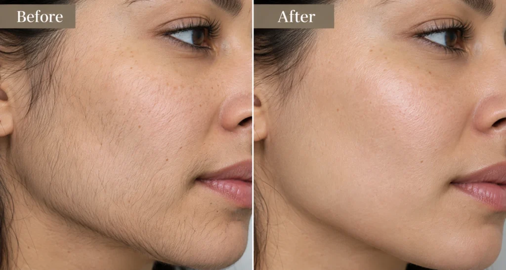 Laser hair removal before and after showing reduced facial hair near Bridgewater, NJ at Enfield Royal Clinic Branchburg