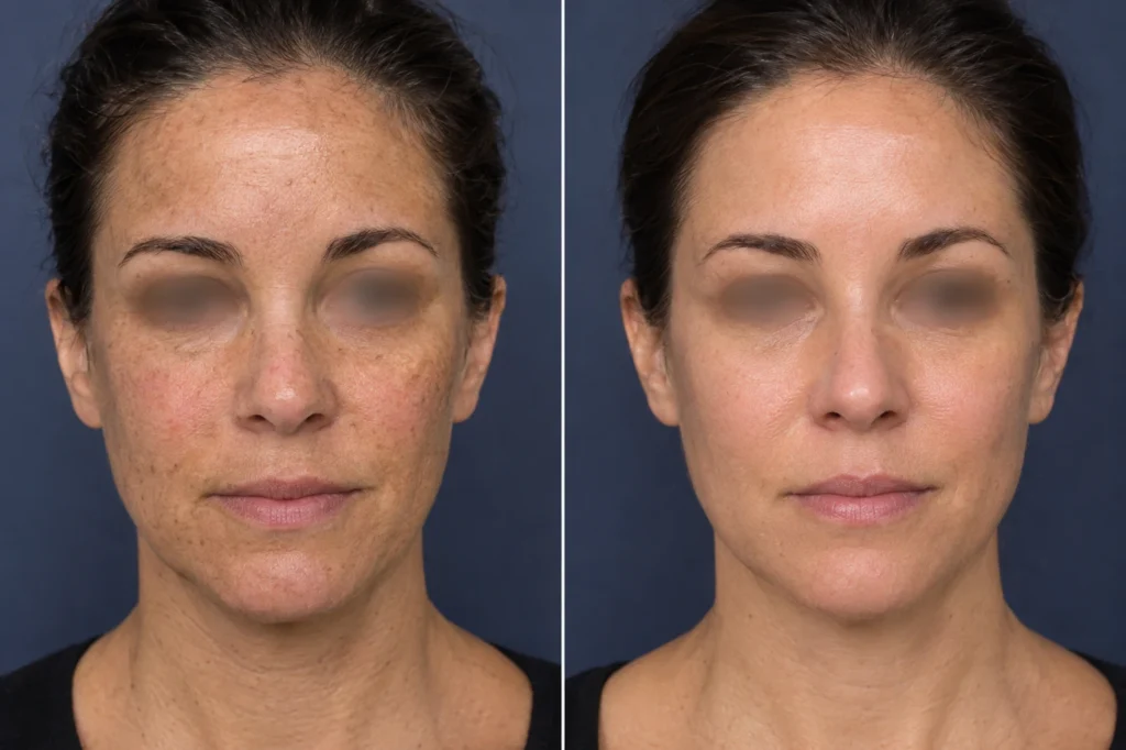 Laser Skin Rejuvenation before and after treatment showing improved skin tone, reduced pigmentation, smoother texture, and a more refreshed complexion in Branchburg, NJ.