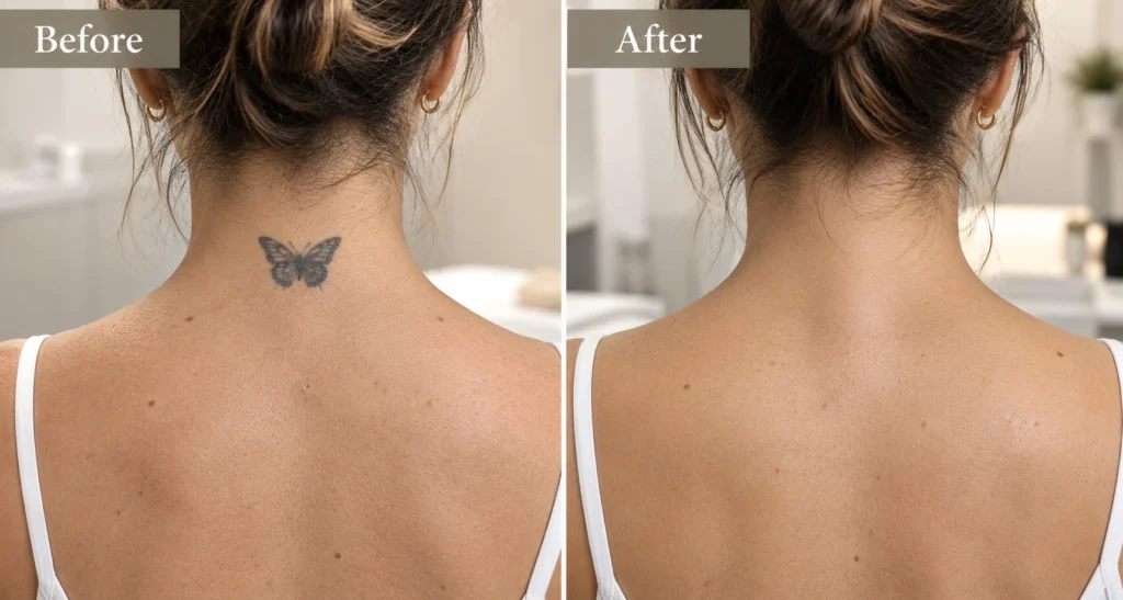 Laser tattoo removal before and after showing a faded tattoo on the upper back near Bridgewater, NJ