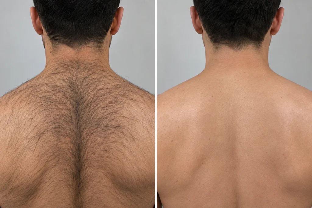 Laser Hair Removal before and after showing significant reduction of unwanted back hair and smoother-looking skin in a male patient.