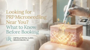 Infographic banner for Enfield Royal Clinic New Jersey showing a high-tech microneedling pen, glowing golden PRP liquid drops, and a skin cross-section diagram next to text reading "Looking for PRP Microneedling Near You? What to Know Before Booking."