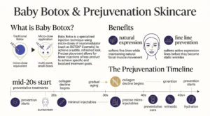 An infographic detailing Baby Botox micro-dose techniques, natural expression benefits, and the prejuvenation timeline at Enfield Royal Clinic New Jersey.