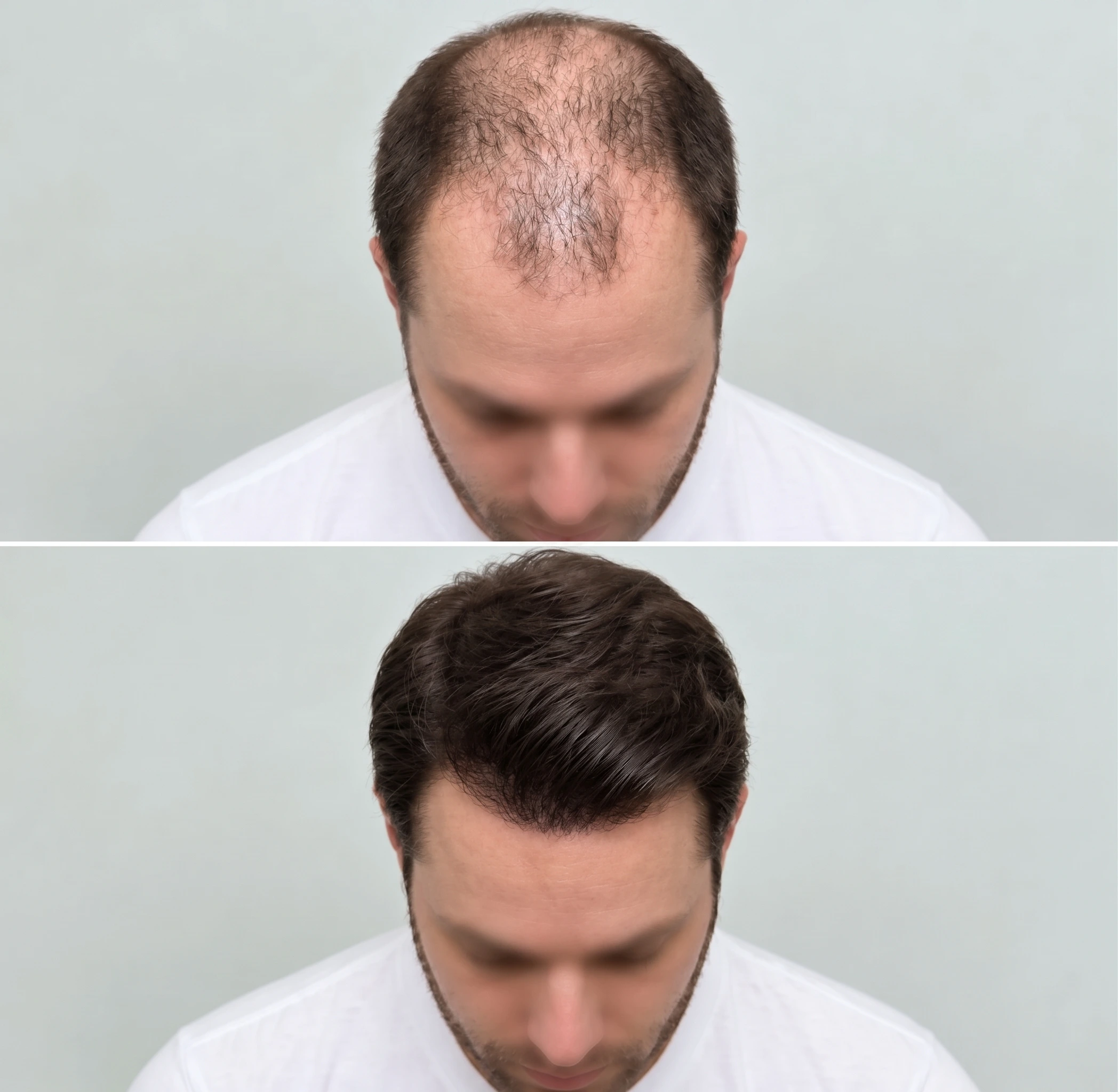 A split before-and-after image of a man's scalp demonstrating PRP hair restoration results for Enfield Royal Clinic Somerville NJ, where the left side shows severe hair thinning on the crown and the right side shows a full, dense head of hair.