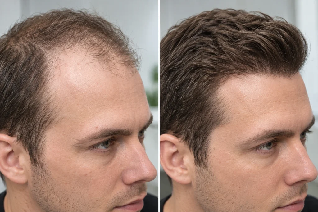 Before-and-after PRP injections for hair restoration showing improved hair density and fuller-looking coverage in a male patient at Enfield Royal Clinic in Branchburg, NJ.