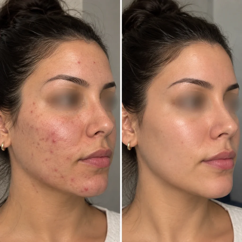 Before-and-after PRP injections for acne scars showing reduced acne, smoother texture, and more even-looking skin at Enfield Royal Clinic in Branchburg, NJ.