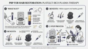 Infographic for Enfield Royal Clinic in Branchburg, New Jersey, explaining PRP hair restoration therapy, including platelet-rich plasma preparation, benefits for hair follicles and growth, and the two-step process of plasma separation and scalp injection.