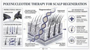 Infographic for Enfield Royal Clinic in New Jersey explaining polynucleotide therapy for scalp regeneration, including how polynucleotides may support scalp health, hair follicles, and healthy hair growth.