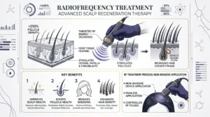 Infographic for Enfield Royal Clinic in New Jersey explaining RF microneedling for hair density, including how radiofrequency energy and microneedling may stimulate the scalp, support hair follicles, and promote healthier-looking hair growth.