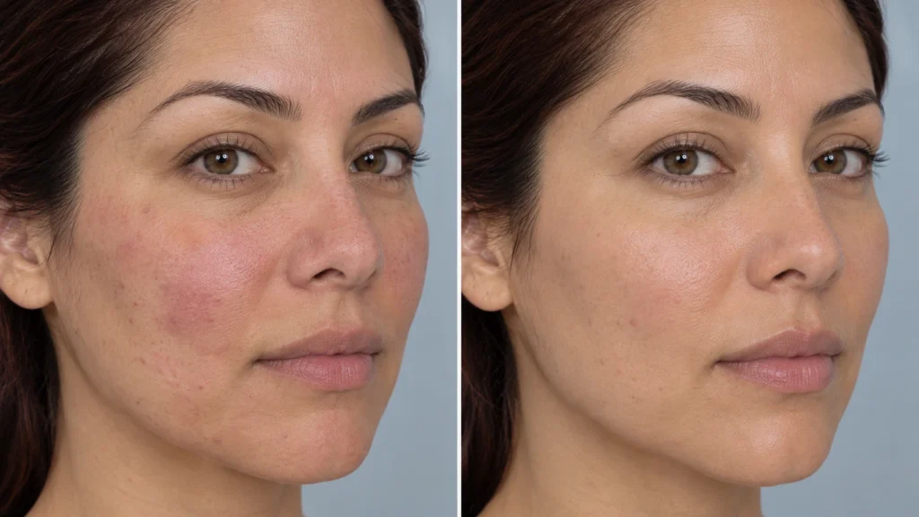 Regenerative exosome treatment before and after showing smoother-looking skin and improved facial texture.