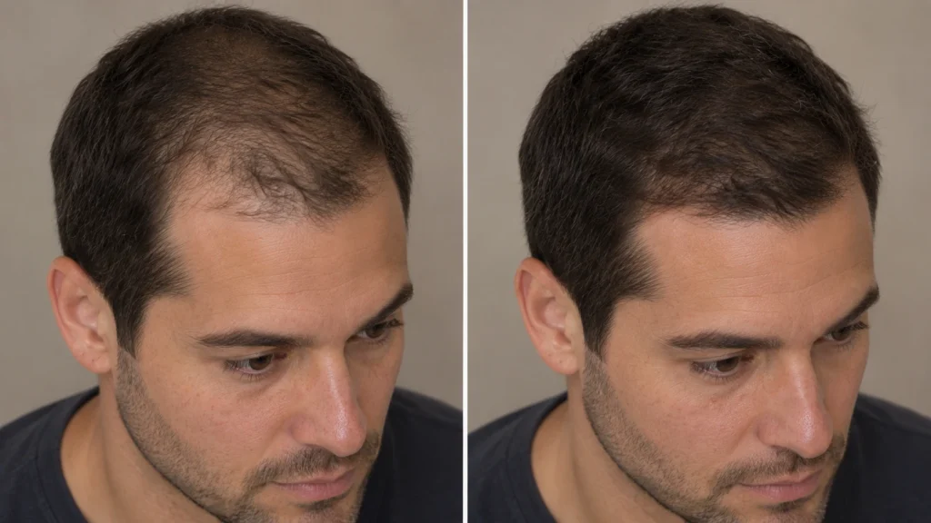 Regenerative For hair restoration before and after showing improved hair density and fuller-looking hair.