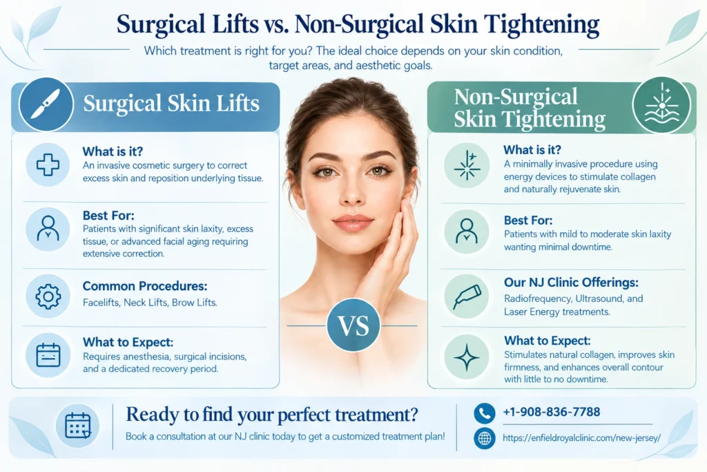 Surgical lifts vs. non-surgical skin tightening infographic comparing treatment approaches, including procedures, suitability, recovery, and skin-tightening options at Enfield Royal Clinic in New Jersey.