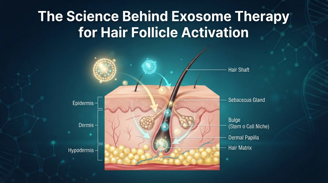 A 3D medical cross-section infographic by Enfield Royal Clinic New Jersey illustrating hair follicle anatomy, showing glowing golden and cyan exosome nano-spheres penetrating the scalp layers and stimulating the hair root, dermal papilla, and stem cell niche for hair growth.