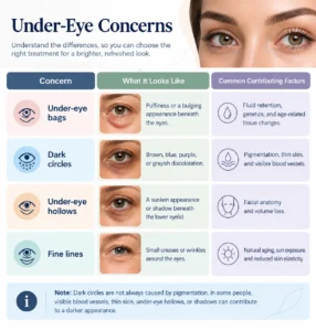 Under-eye concerns infographic showing the differences between under-eye bags, dark circles, under-eye hollows, and fine lines, including their appearance and common contributing factors at Enfield Royal Clinic in New Jersey.