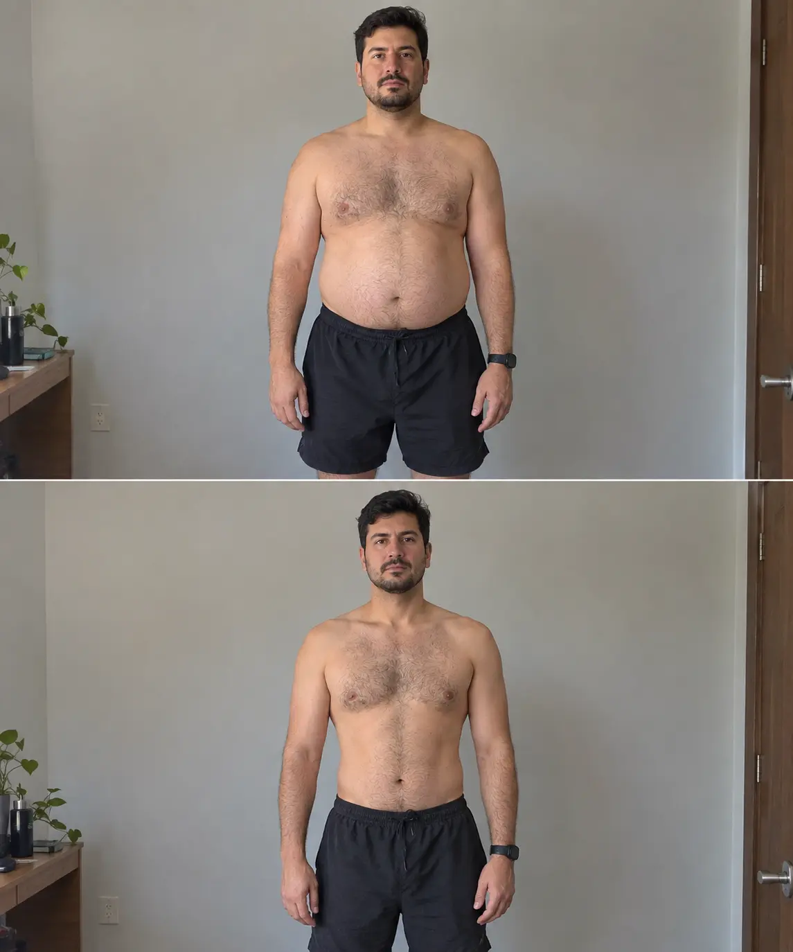 Before-and-after weight management transformation of a male patient showing a fuller abdomen before and a leaner, more defined physique after treatment at Enfield Royal Clinic near Somerville, NJ.