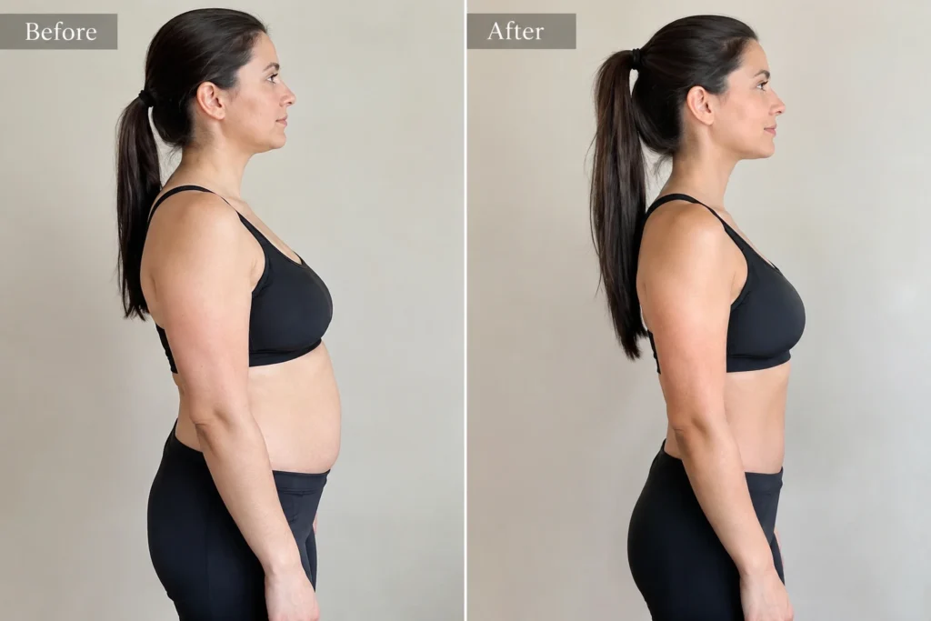 Weight loss treatment before and after results showing a slimmer waist and improved body contour at Enfield Royal Clinic in Branchburg, NJ.