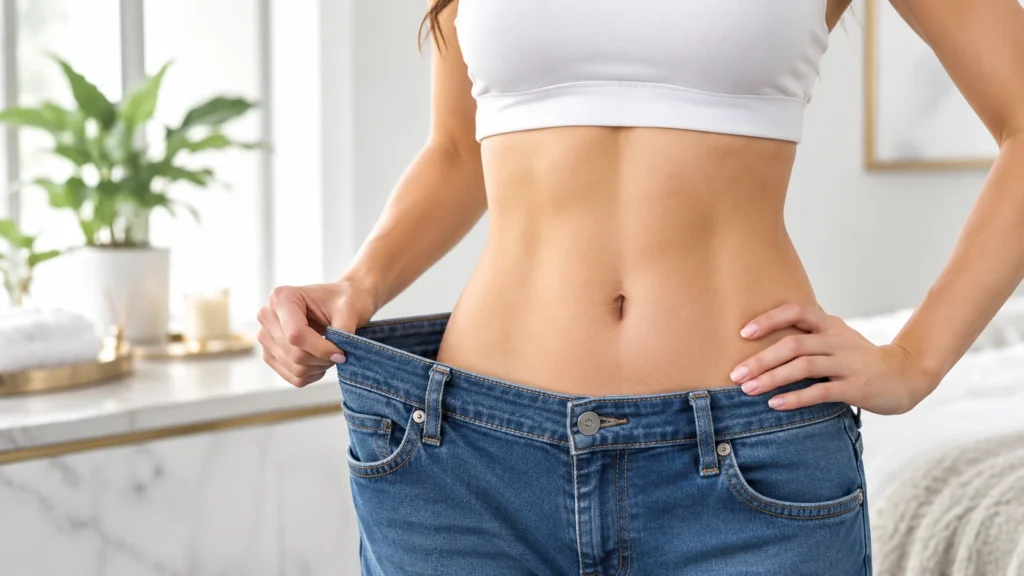 Woman demonstrating weight loss progress by holding oversized jeans around her slimmer waist
