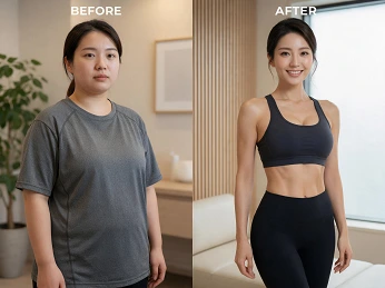 Before-and-after image showcasing weight loss treatment results at Enfield Royal Clinic New Jersey in Bridgewater, NJ, highlighting a visible change in body shape and overall appearance.