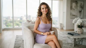 A young woman with a glowing complexion and natural dermal filler results sitting in a modern room at Enfield Royal Clinic New Jersey