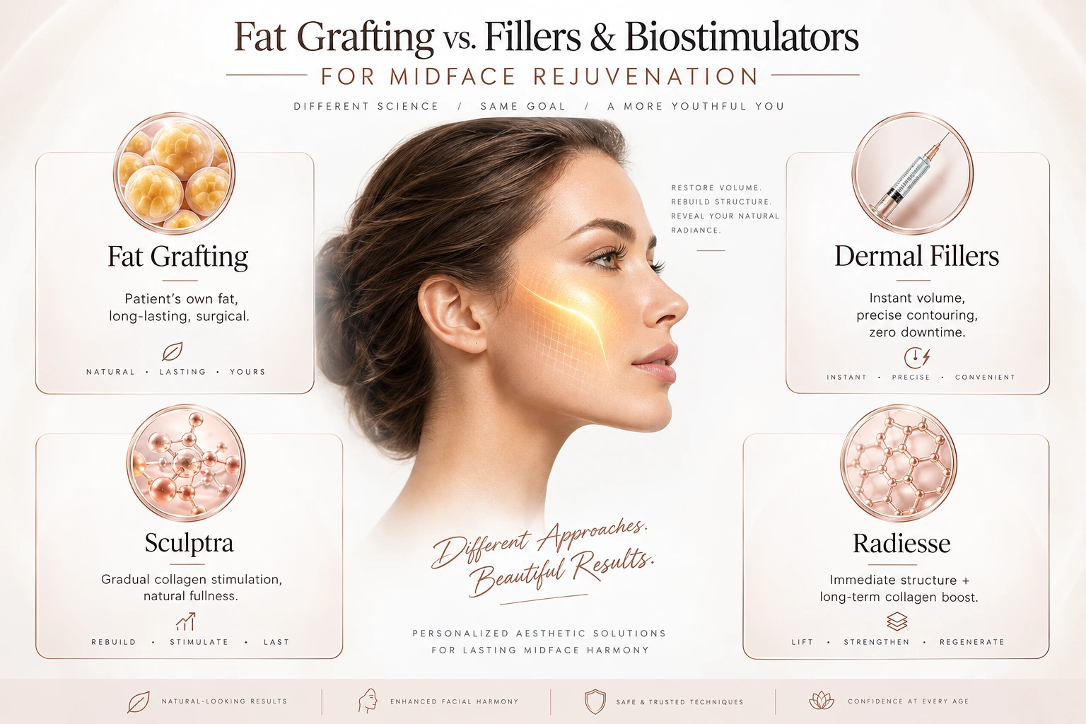Fat grafting vs. dermal fillers, Sculptra, and Radiesse for midface rejuvenation, comparing natural fat grafting, instant filler volume, collagen stimulation, and structural support at Enfield Royal Clinic in New Jersey.