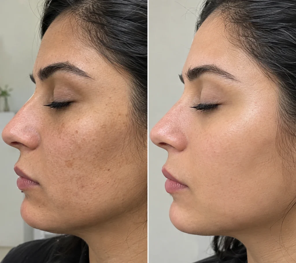 Fotona 4D laser before and after showing a woman’s facial skin with improved texture, tone, smoothness, and overall appearance at Enfield Royal Clinic in Branchburg, NJ.