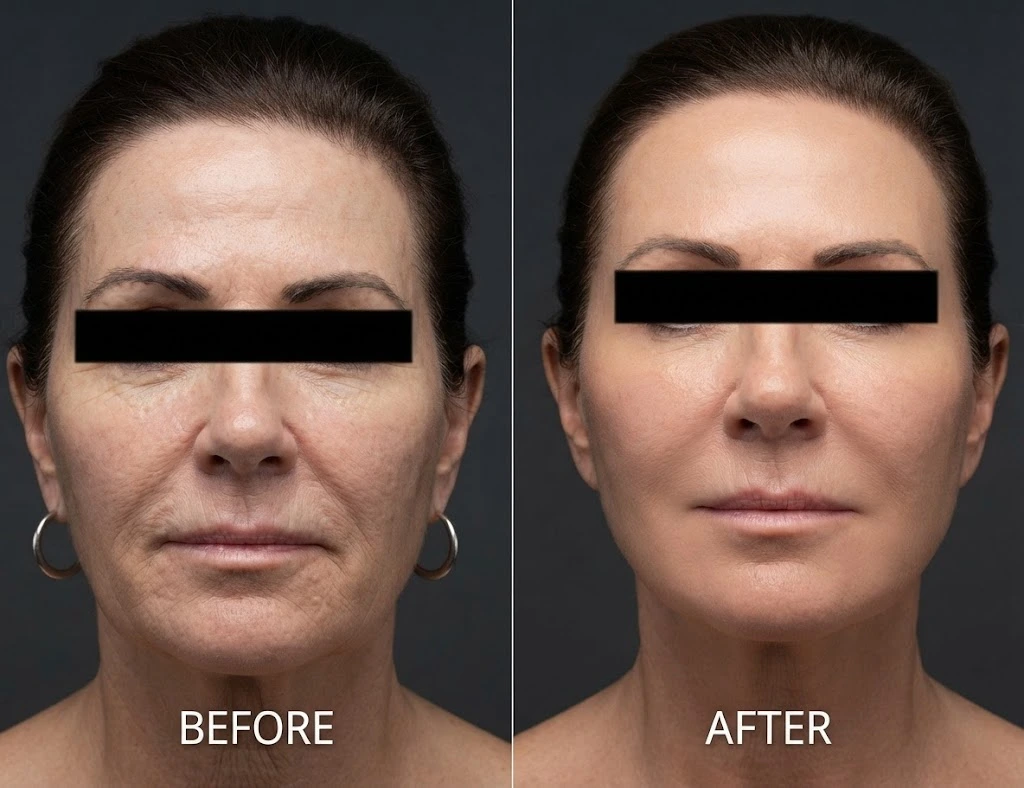 Side-by-side before and after results of a patient receiving a Fotona non-surgical face lift at Enfield Royal Clinic in Branchburg, New Jersey, showing skin tightening and wrinkle reduction.