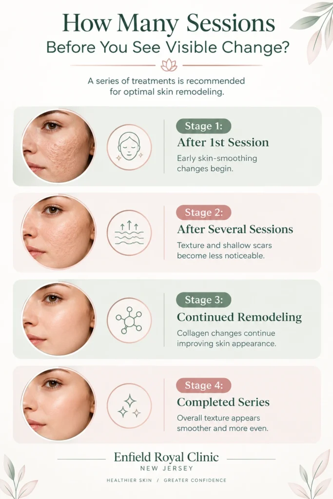 Microneedling results timeline showing four treatment stages from early skin smoothing to improved acne scar texture at Enfield Royal Clinic New Jersey