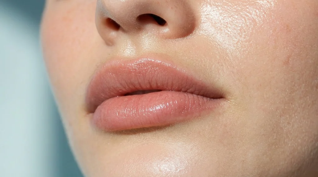 Close-up view of natural, plump, and smooth lips after LipLase laser lip volumizing treatment at Enfield Royal Clinic, highlighting non-invasive results without injectables.