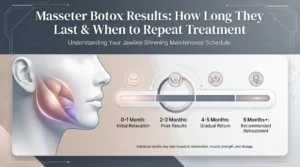 A medical aesthetic infographic banner titled "Masseter Botox Results: How Long They Last & When to Repeat Treatment" by Enfield Royal Clinic New Jersey. It features a 3D lower-face profile highlighting the masseter muscle alongside a 4-stage timeline graphic tracking results from 0 to 6+ months.